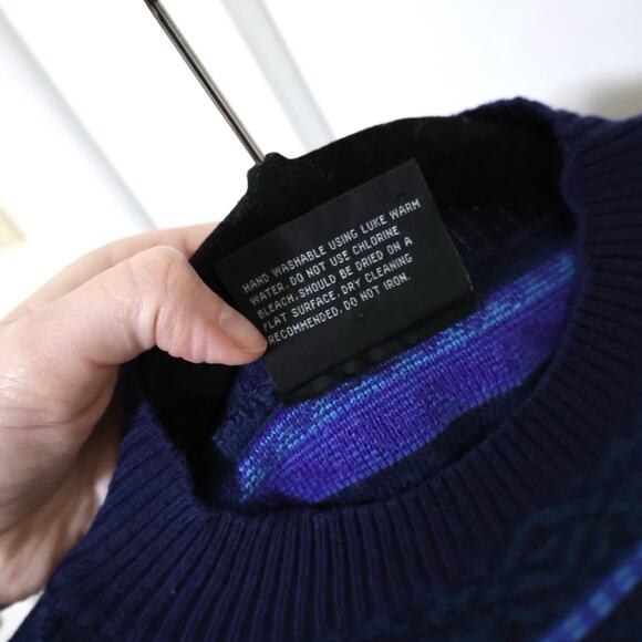 Vintage Demetre AOP Fair Isle Striped Navy Purple Wool Ski Sweater L 80s Granny - Picture 5 of 8